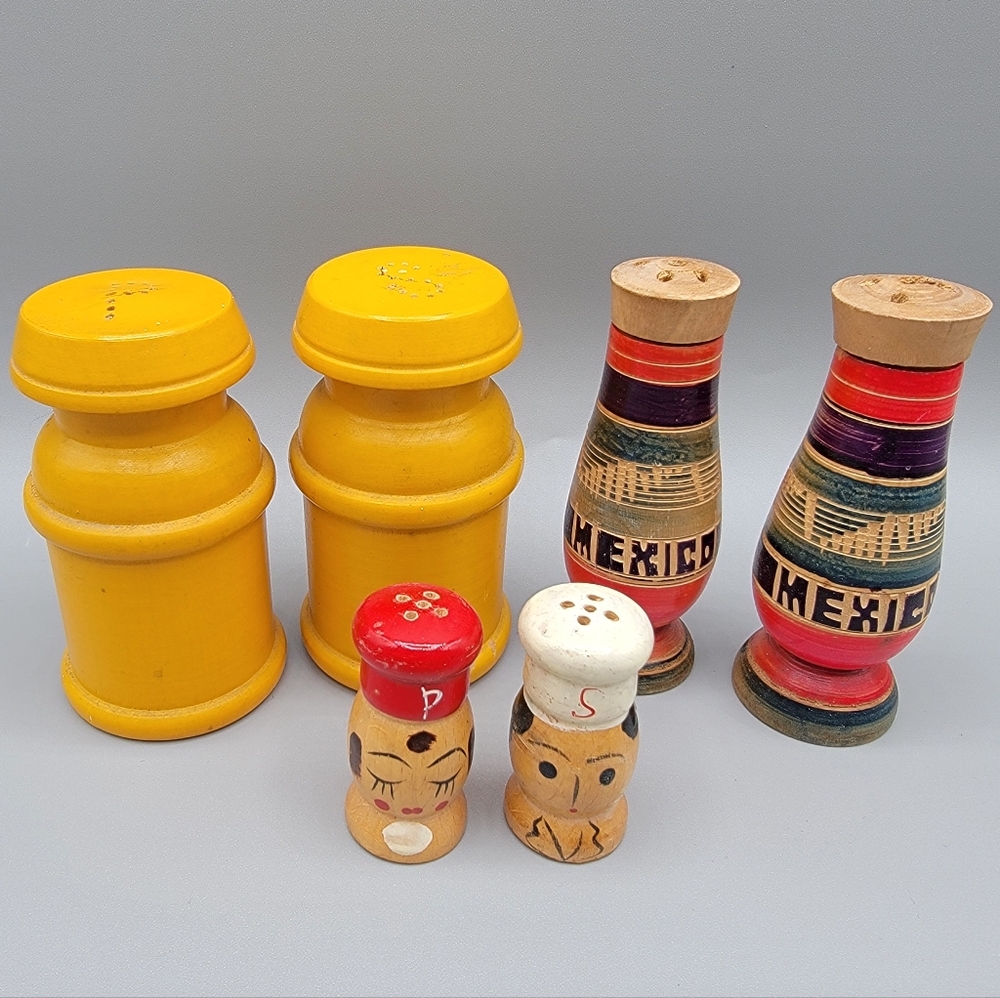 Vintage Wooden Salt & Pepper Shakers Lot (3) Yellow, Mexico, Chefs